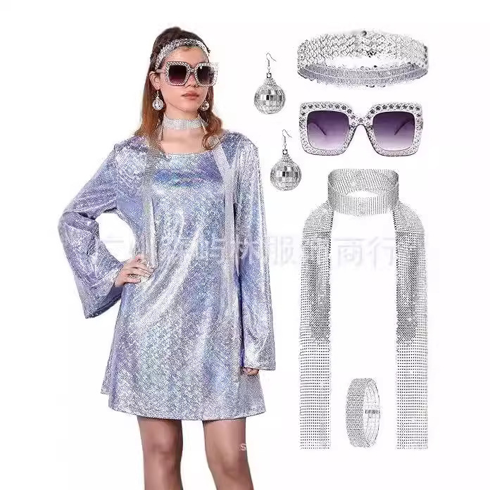 European and American New Halloween 7080S Hippie Disco Ladies Sequined Bronzing Headband Bell Sleeve Dress