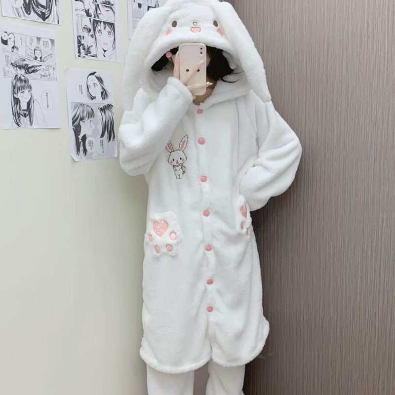 Wishing Rabbit Pajamas Women's Winter Coral Fleece Plus Velvet Thickened Stuffed Cute 2025 New Rabbit Long Nightgown Wishing Rabbit Pajamas Women's Winter Coral Fleece Plus Velvet Thickened Stuffed Cute 2025 New Rabbit Long Nightgown