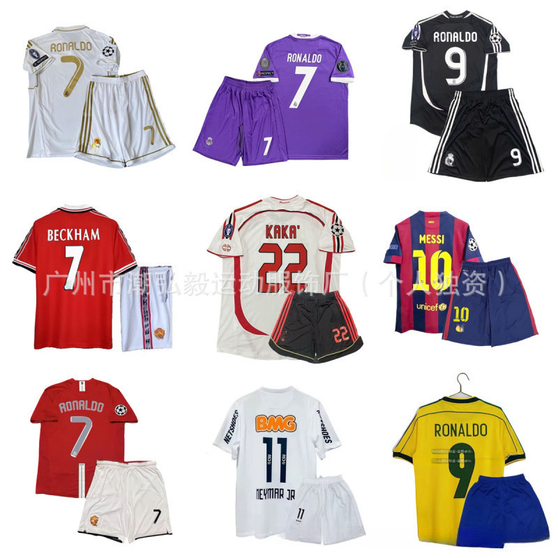 Wholesale Retro Jersey Set No. 7 C Ronaldo Barcelona Messi Ac No. 22 Kaká Santos Red Devils Football Uniform Wholesale Retro Jersey Set No. 7 C Ronaldo Barcelona Messi Ac No. 22 Kaká Santos Red Devils Football Uniform