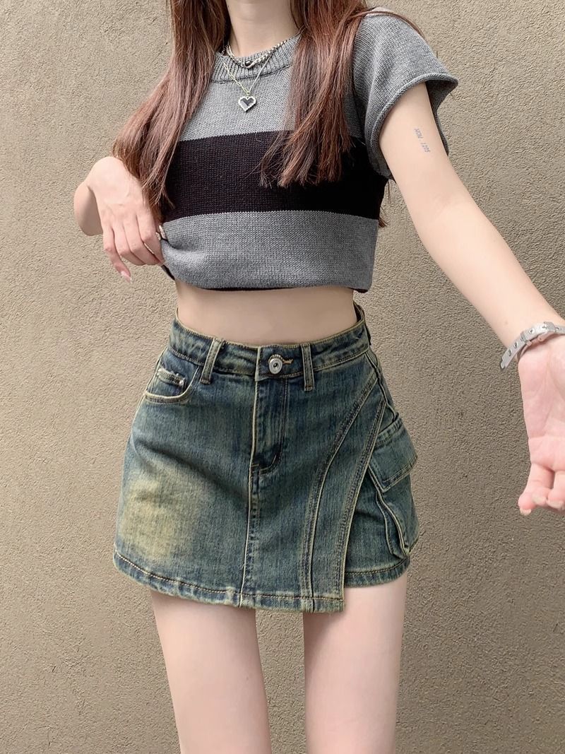 不规则做旧牛仔半身裙女2025夏季新款高腰宽松显瘦包臀a字短裙ins