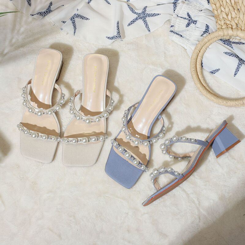 Fu size pearl strap women block heel sandals women's 2022 New High heels women's sandals square heels