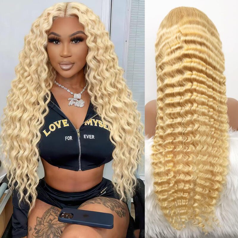 Golden Lace Front Wig with Deep Waves, Pre-Trimmed with Baby Hair, Suitable for Women