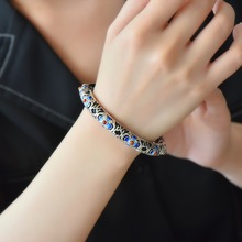 恒鼎盛珠宝【925银镶天然和田墨玉花开富贵花丝手镯】圈口54-64号