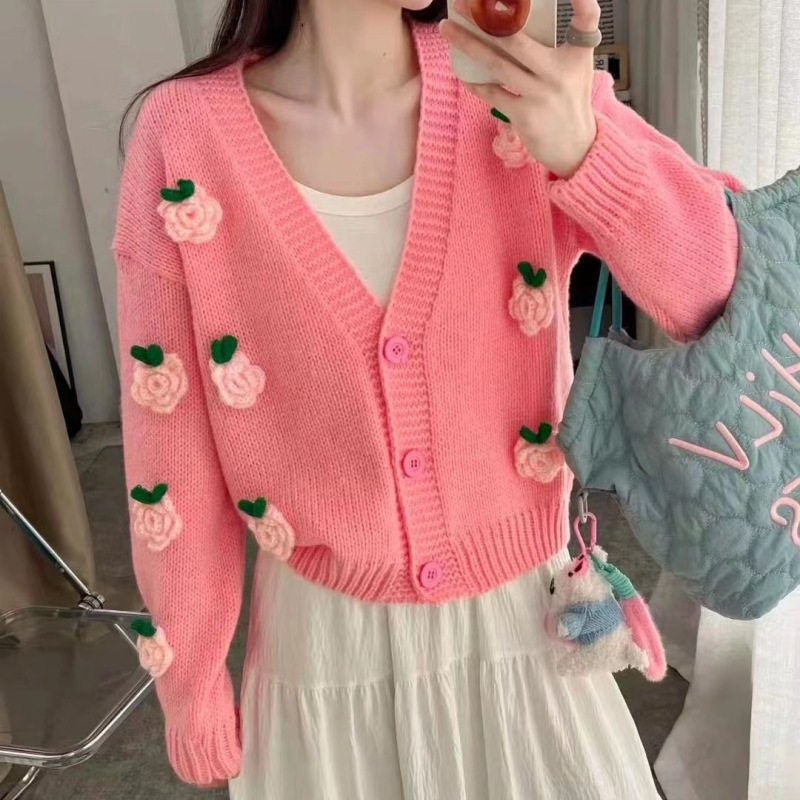 Correo romántico flor tridimensional cardigan de punto otoño y invierno nuevo estilo retro estilo estilo exterior suéter exterior abrigo mujer image 3