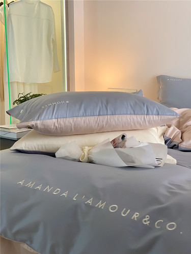 Simple and light luxury mousse series 100-count long-staple cotton four-piece set pure cotton letter embroidery quilt cover double bedding