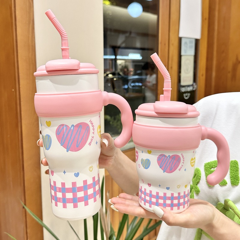 女の子向けの大容量オフィスハンドルアイスカップ、高見えするダブルストローカップ、屋外用保冷車用ウォーターカップ|undefined
