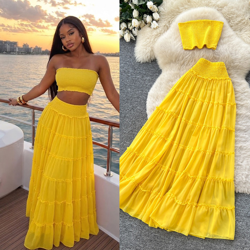 2026 Summer New Style Yellow Pleated Two-Piece Set for Women, Summer Pure Desire Style Layered Cake Skirt, Commuter Elegant Set 2026 Summer New Style Yellow Pleated Two-Piece Set for Women, Summer Pure Desire Style Layered Cake Skirt, Commuter Elegant Set