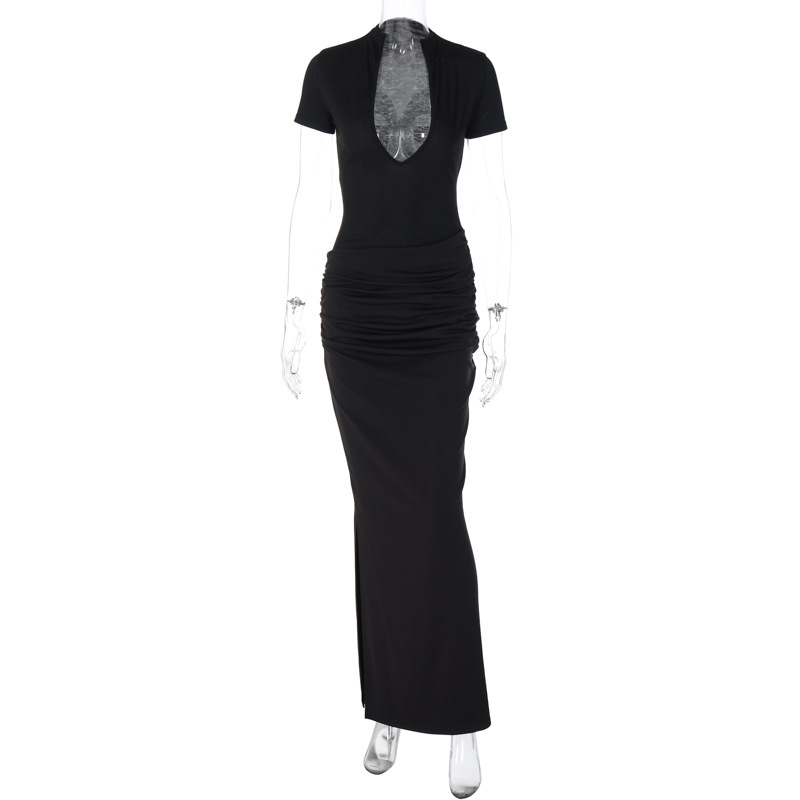 Women's Sheath Dress Sexy V Neck Pleated Hollow Out Short Sleeve Solid Color Maxi Long Dress Daily display picture 11