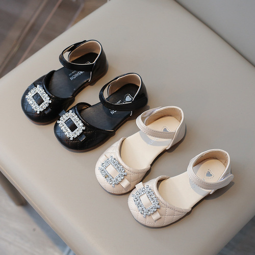 Korean version of girls' princess shoes 2024 spring and summer new children's fashion leather shoes baby soft sole rhinestone dance shoes