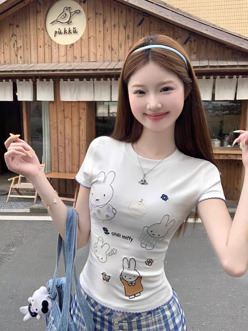 Yeyuan Pure Desire 귀여운 토끼 자수 오른쪽 어깨 반팔 티셔츠 소녀 여름 슬리밍 다목적 학생상의