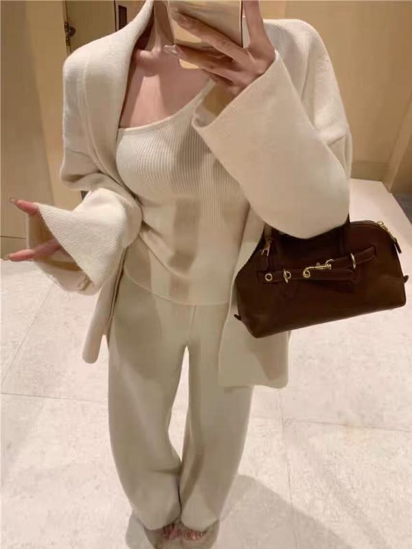 法式简约感毛衣套装女秋冬新款针织开衫背心高腰阔腿裤三件套|undefined