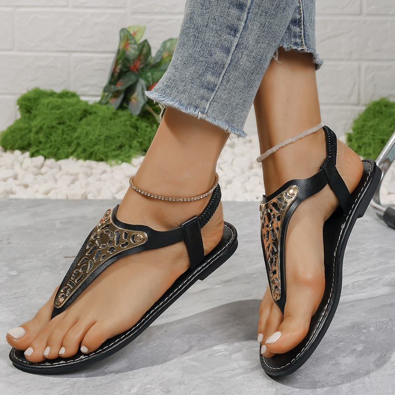 2025 Autumn New Women's Retro Rivet Flat Sandals Elastic Ankle Strap Flip Flops Sandals Vacation Beach Shoes