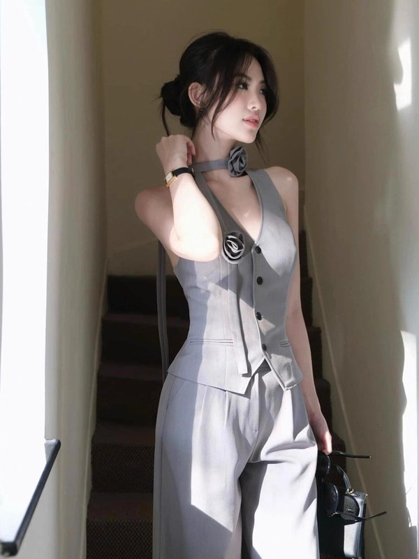 小香风套装女法式立体花朵V领无袖马甲背心高腰显瘦阔腿裤两件套|undefined