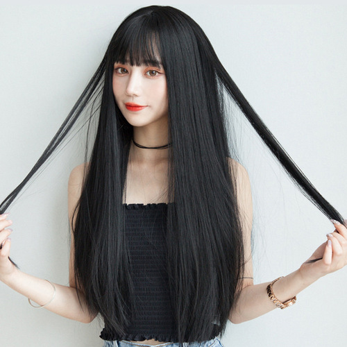 Female Trendy Korean/Japanese Hair Extensions Long Straight Air Bangs Natural Full Head Cover Wig One-Piece Human Hair