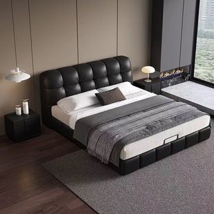 Italian minimalist leather bed new black puff bed 1.8m double bed master bedroom modern simple leather bed wedding bed