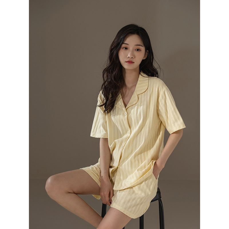 2022 New Style Pajamas Women's Summer Pure Cotton Thin Short-sleeved Lapel Apricot Striped High-end Sense Home Suit 2022 New Style Pajamas Women's Summer Pure Cotton Thin Short-sleeved Lapel Apricot Striped High-end Sense Home Suit
