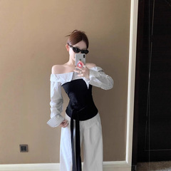 设计感条纹绑带拼接长袖衬衫女秋季2025新款一字肩修身短款上衣潮