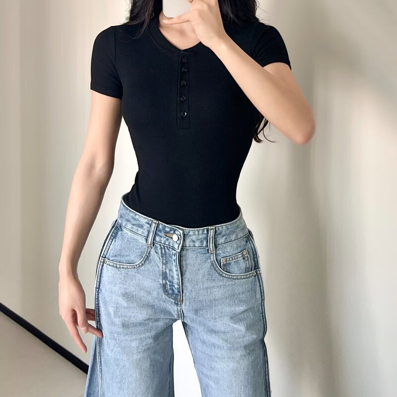 Cross-Border Foreign Trade Women's Clothing Henry Collar Short-Sleeve Bodysuit Slim Fit Ribbed Button-Up Sexy Base Top for Women Cross-Border Foreign Trade Women's Clothing Henry Collar Short-Sleeve Bodysuit Slim Fit Ribbed Button-Up Sexy Base Top for Women