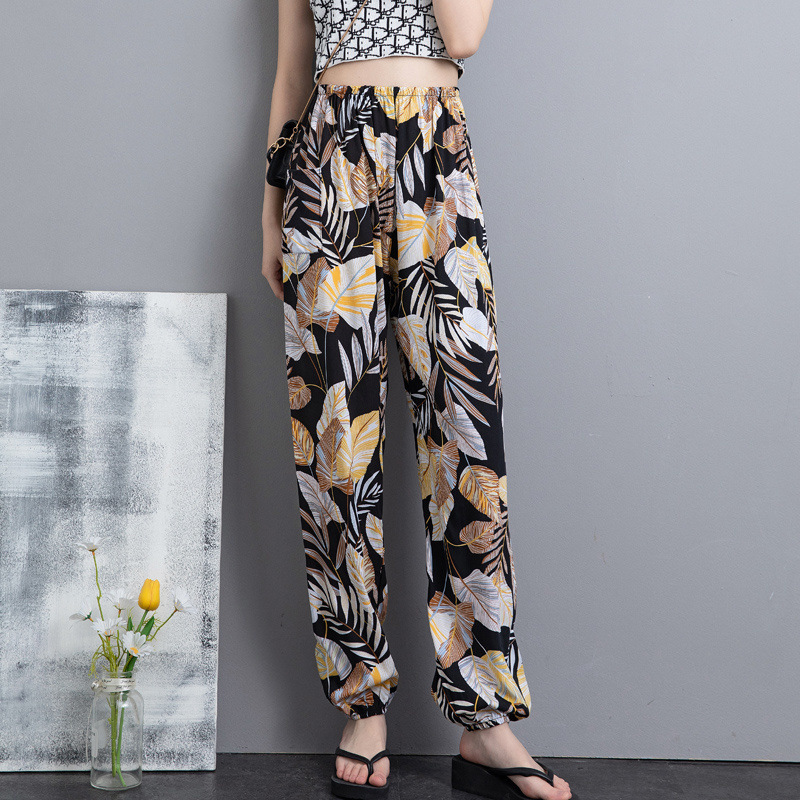 Cotton Silk Lantern Pants for Women, Spring and Summer Thin Floral Retro Plaid Loose Wide-Leg Pants, Beach Mosquito-Proof Artificial Cotton, Can Be Worn Outside