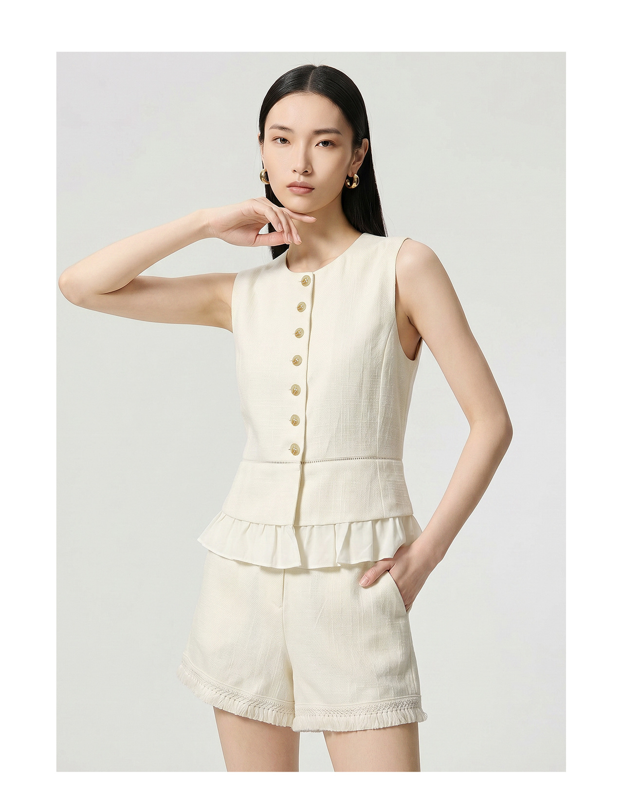 Bộ áo gi lê viền lá sen kết hợp quần short nữ mùa hè — màu mơ chi tiết 15