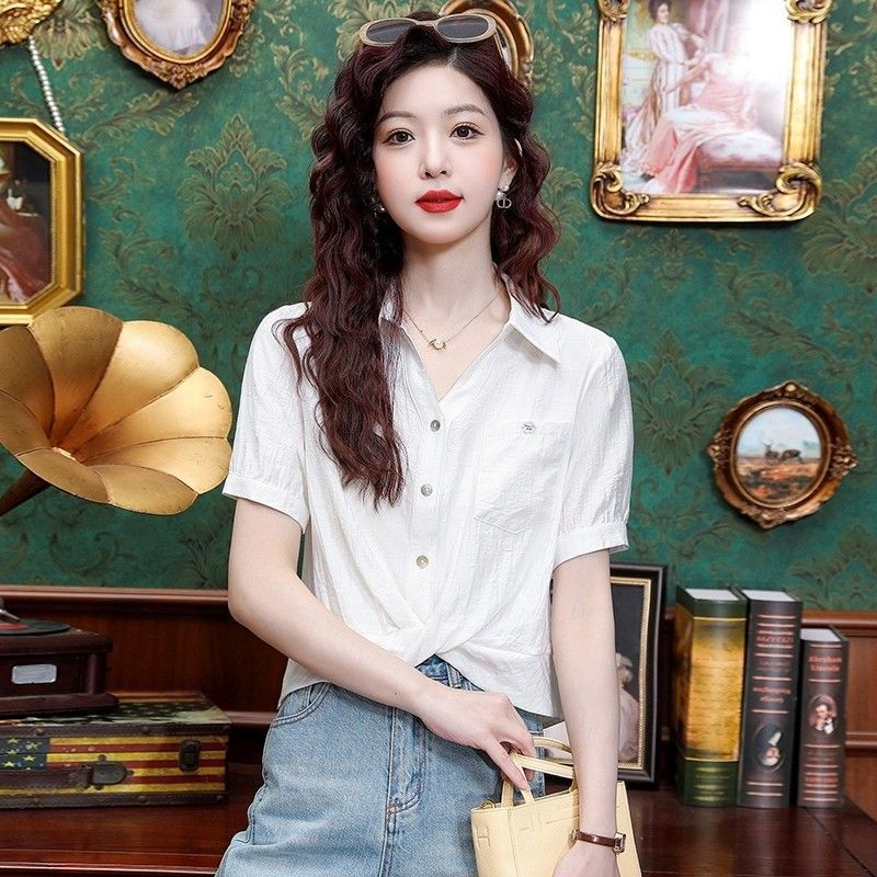 雪纺衬衫女褶皱短款小衫夏季短袖上衣2025新款韩版宽松设计感衬衣|undefined