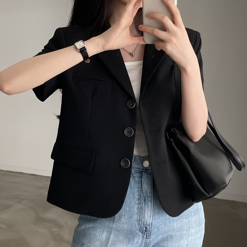 Black Blazer for Women, Summer Short Style, Korean Style Vibe, Lapel Design, Loose Short-Sleeve Outerwear