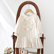 女小童春秋款连衣裙立体花朵下摆百褶设计长袖连衣裙简约洋气裙子