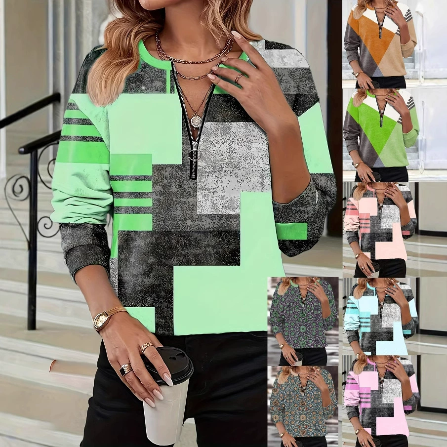 Женская футболка с длинным рукавом, свободного кроя, больших размеров, с круглым вырезом и молнией, для повседневной носки, 2024 Amazon Temu, независимый сайт.