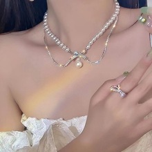 迟来的浪漫~闪钻蝴蝶结珍珠项链女设计感冷淡风choker颈链锁骨链