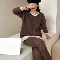 假两件撞色拼接圆领毛衣女秋冬宽松休闲阔腿长裤针织衫两件套装女