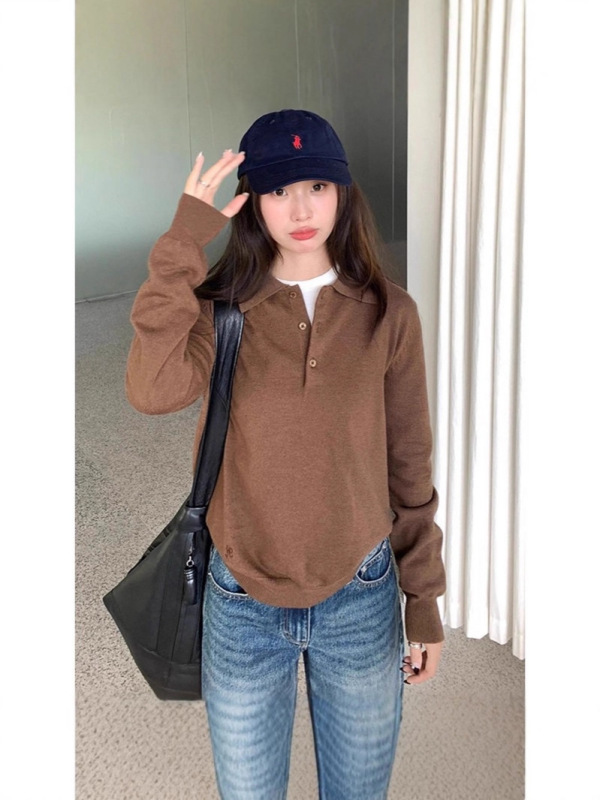 2025早春新款爆款小衫内搭打底衫上衣独特别致灰色polo领针织衫女|undefined