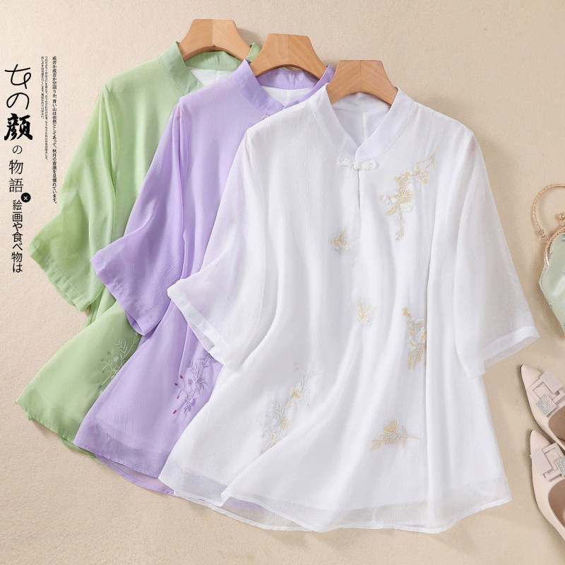 Летний китайский стиль ретро вышивка свободный плюс размер воротник