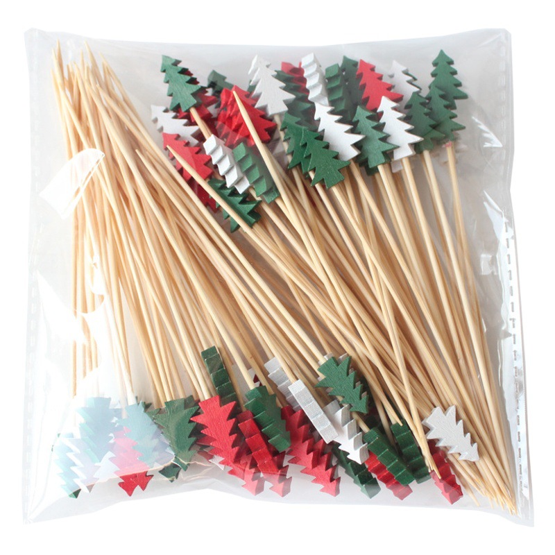 Three-Color Christmas Tree Fruit Picks, 100 Pieces/Pack, Green Cedar Tree-Shaped Bead Skewers, Disposable Fruit Forks, Bamboo Skewers