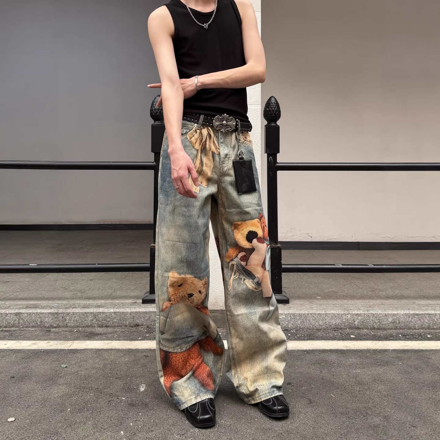 美式复古做旧小熊3D印花设计直筒牛仔裤2026新款男女宽松阔腿长裤