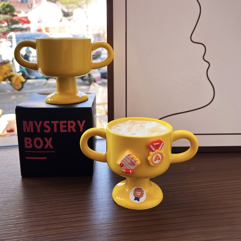 Creative Trophy Ceramic High-Footed Championship Cup DIY Sticker Kidsren's Water Cup Double-Eared Oatmeal Yogurt Cup Birthday Gift