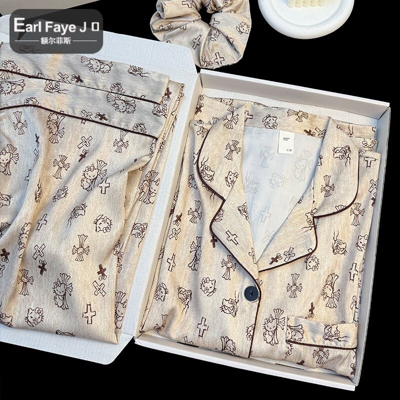 Foreign Trade Shake Voice Live Pajamas Women's Spring and Autumn Ice Silk Long Sleeve Pants Thin Student Ins Dormitory Wearing Pajamas