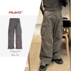 MIJKO男装女水洗灰色做旧破坏工装裤男女同款直筒多口袋休闲长裤