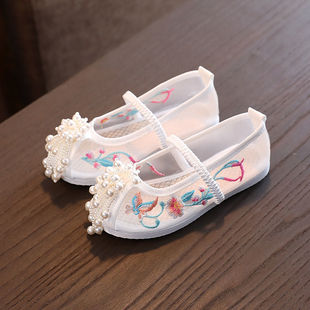 Hanfu Shoes for Children 2022 Summer Girls' Mesh Breathable Embroidered Shoes Style Baby Mesh Cloth Shoes Children's Sandals One Piece