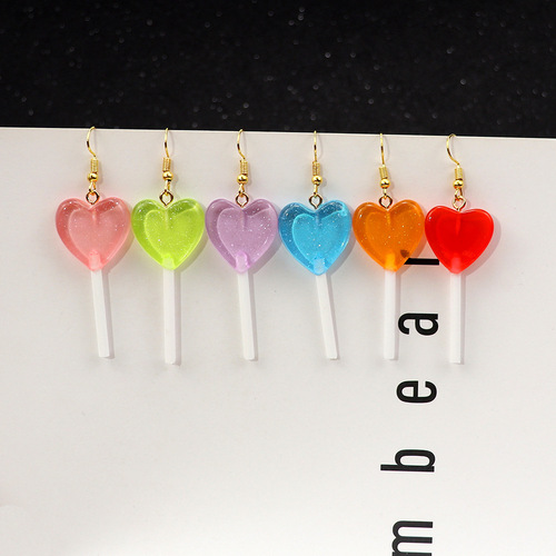 Japanese and Korean personalized glitter candy color love lollipop earrings ins cute and fresh girly style peach heart earrings