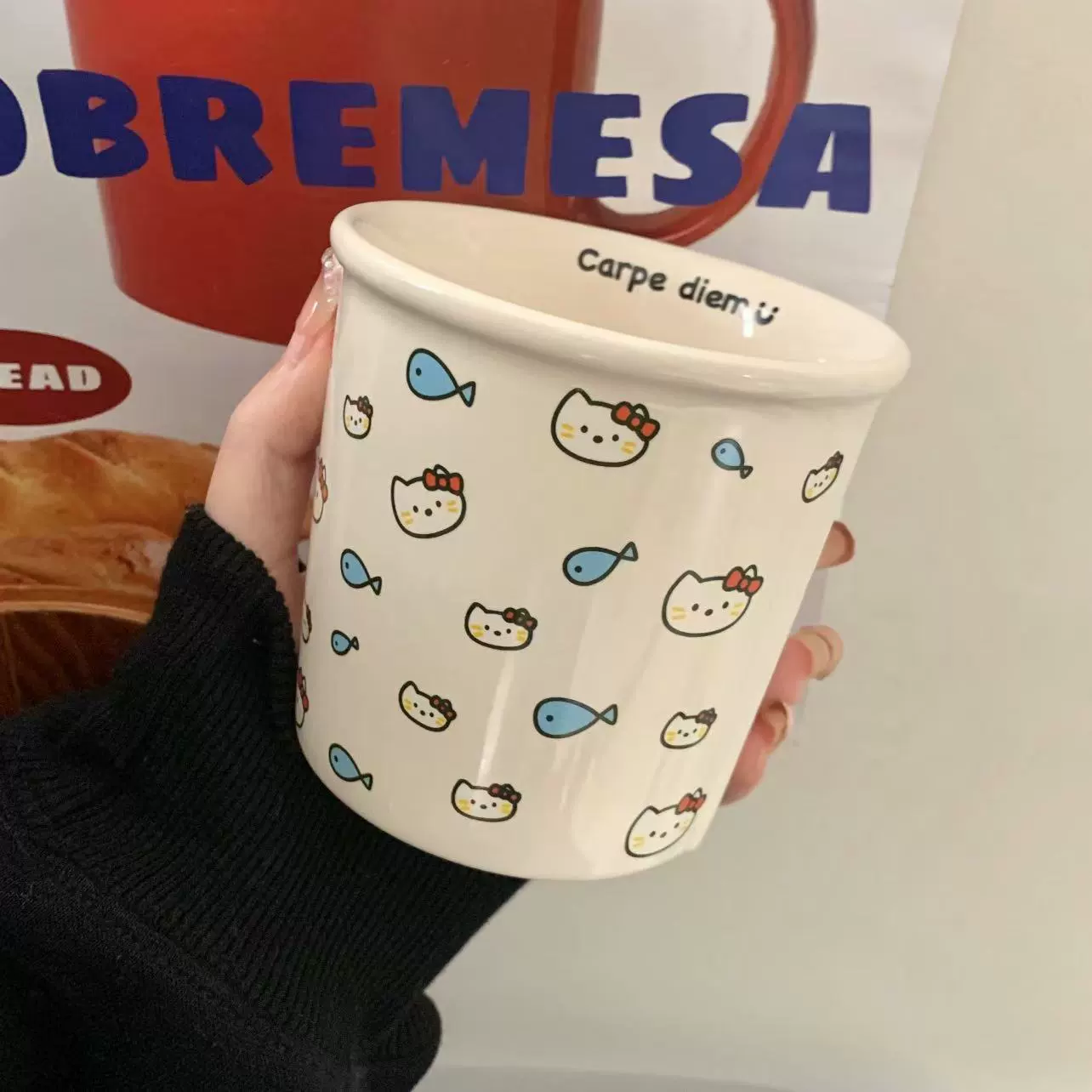 Ceramic Mug Ins Cat Eating Fish — 350 ml, Cute Gift Box Design