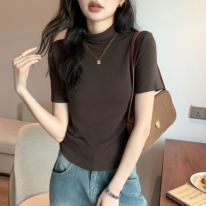 H338純粋な欲望風ハーフタートルネック半袖Tシャツ女性用夏スリムフィットインナー兼アウタートップスinsトレンド|undefined