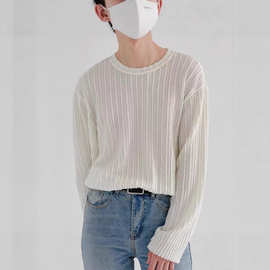 初秋薄款坑条针织长袖t恤男士韩系高级感打底衫宽松圆领百搭卫衣