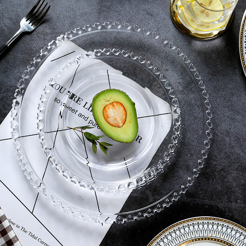 Nordic glass fruit salad flat plate love household tableware suit Banquet dessert plate Western steak plate Nordic glass fruit salad flat plate love household tableware suit Banquet dessert plate Western steak plate