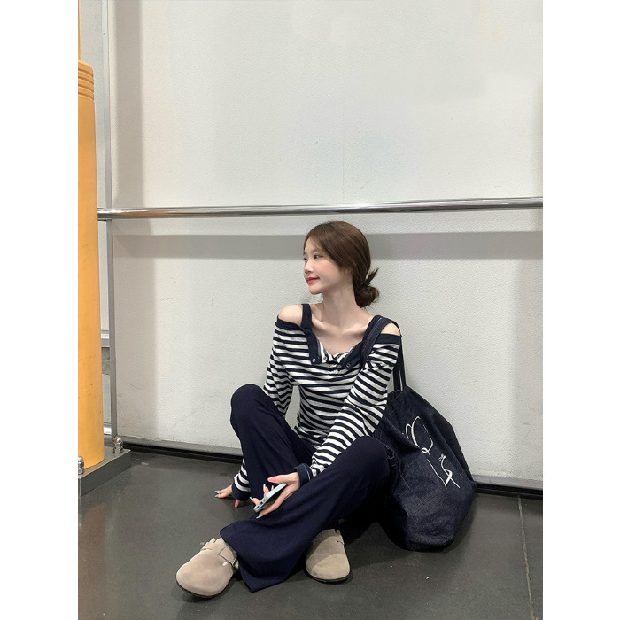韩系穿搭甜辣风假两件条纹一字肩长袖t恤女早秋季设计感露肩上衣|undefined