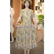 有口袋棉绸连衣裙夏季新款收腰气质过膝中长款中年妈妈装碎花裙子
