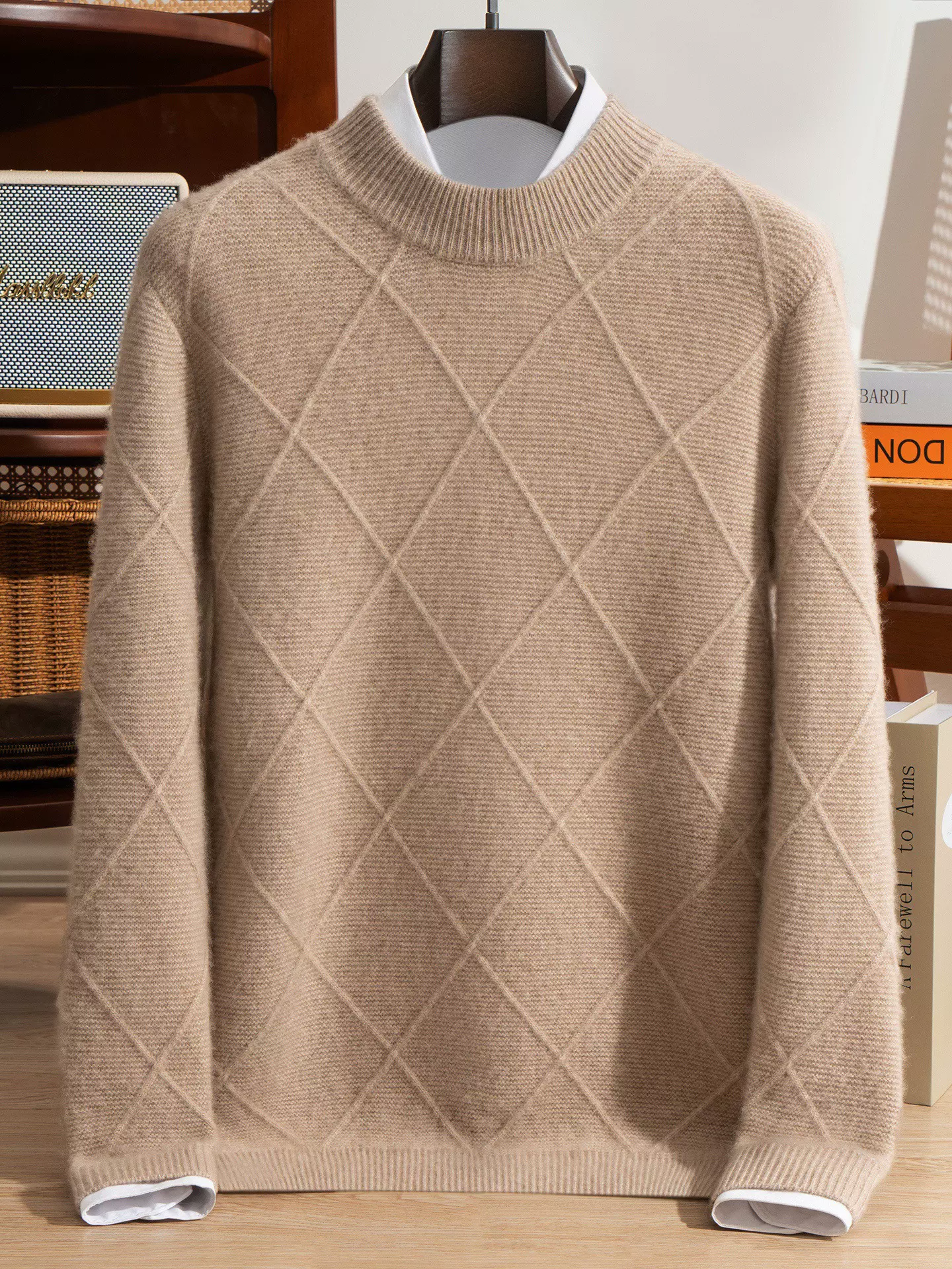 冬季双股加厚羊绒衫男半高领毛衣套头宽松菱形纯色羊毛针织打底衫