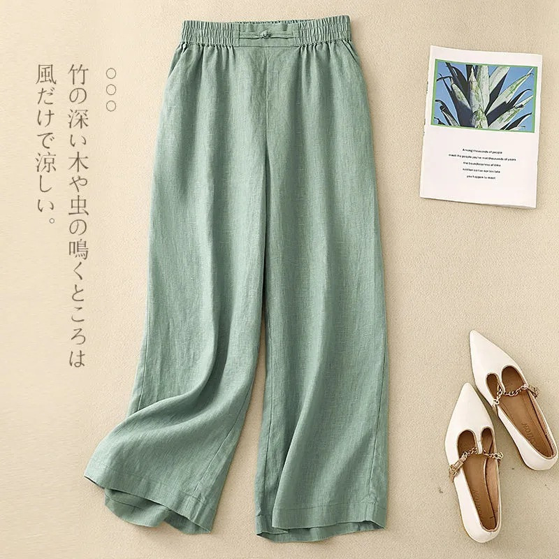 Summer New Ethnic Style Simple Cotton and Linen Casual Slimming Loose New Chinese Style Elastic Waist Buckle Wide-Leg Pants for Women