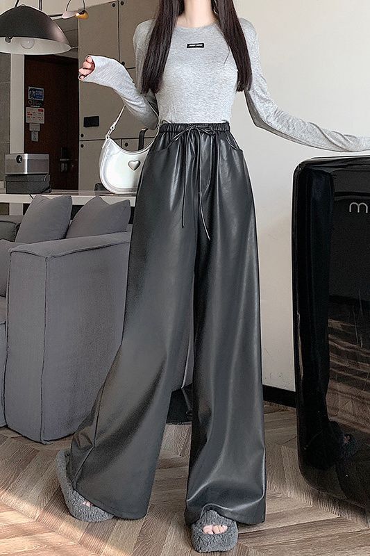 Elastic Waist Leather Wide-Leg Pants for Women, Autumn and Winter New Style, Loose Straight-Leg Drape, Slimming Casual Pants, Drawstring Leather Pants
