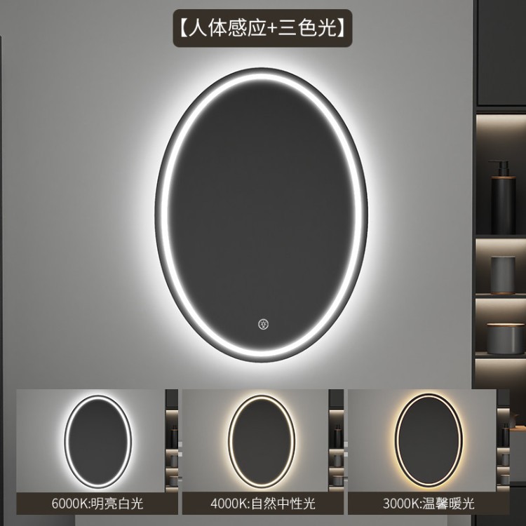 espejo inteligente elíptico de alta definición de forma especial espejo de maquillaje colgado en la pared con iluminación LED pantalla táctil anti-nebble espejo de baño
