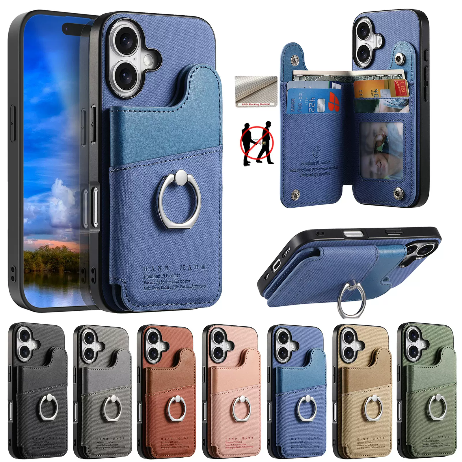 适用iPhone17手机壳大卡包插卡收纳支架素皮壳苹果15防摔16耐磨壳